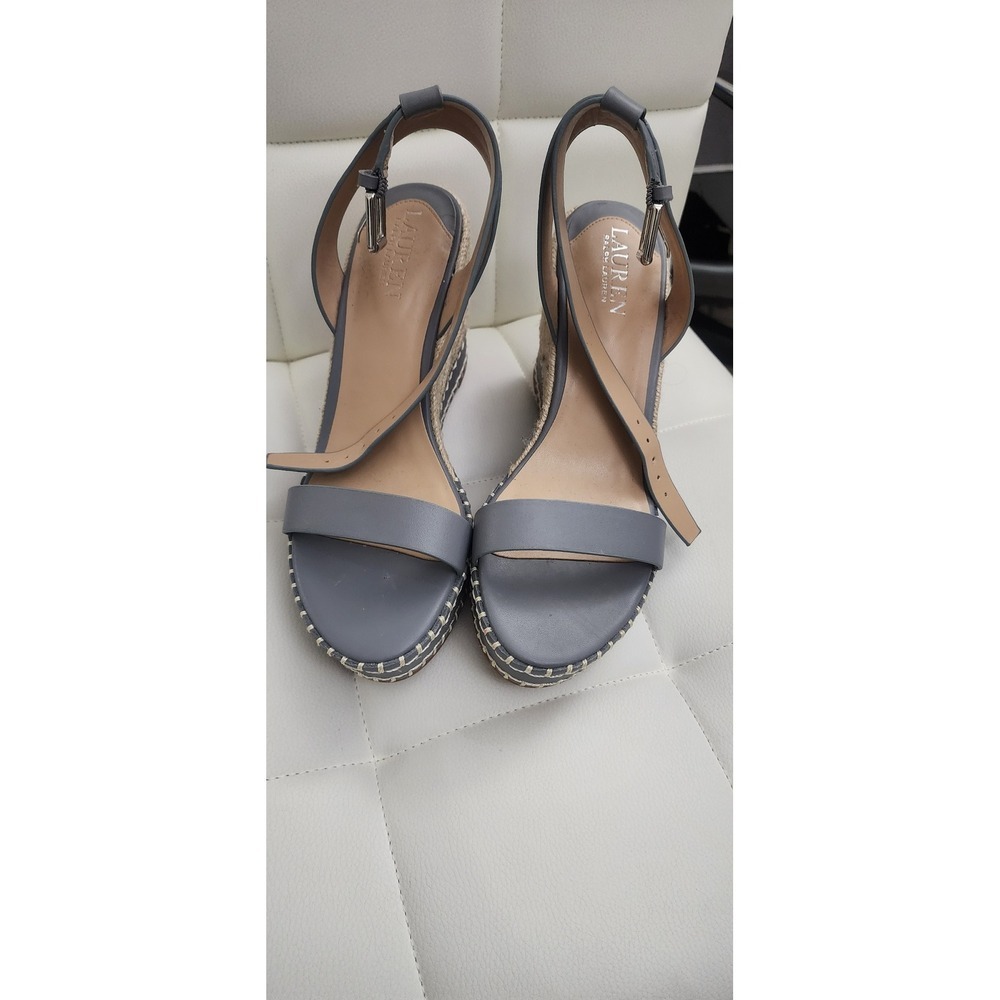 Lauren Ralph Lauren Hilarie Espadrille Wedge Sandals Ocean Blue Grey Leather 9B